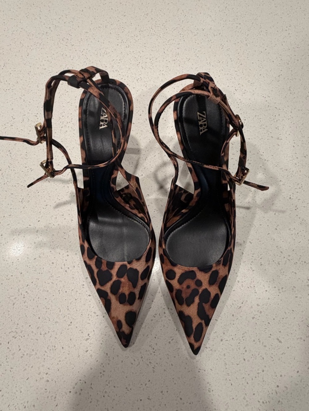 ZARA Leopard-Print Pointed Toe Ankle-Strap Heels - Brown/Black